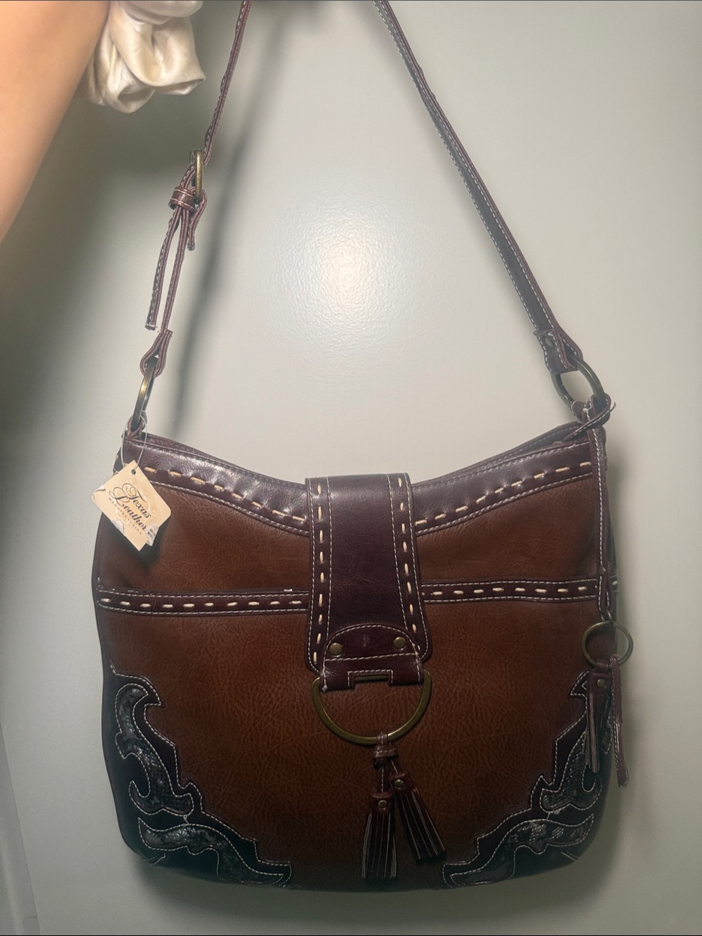 Brown Leather Shoulder Bag with Tassel Accent